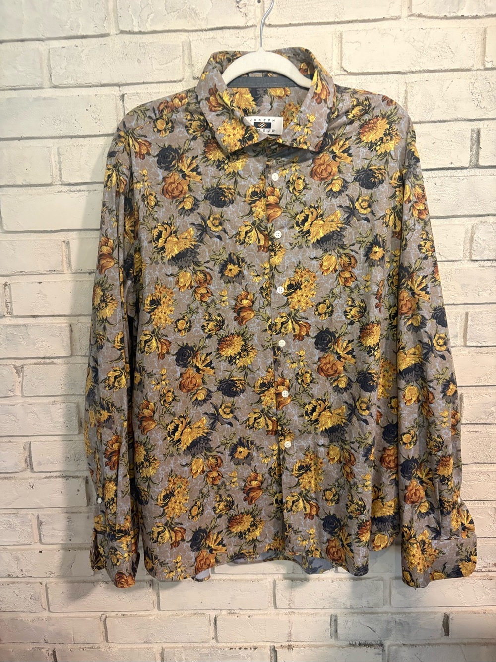 Joseph Abboud Gray Floral Button-Down Shirt with Yellow & Brown Flowers